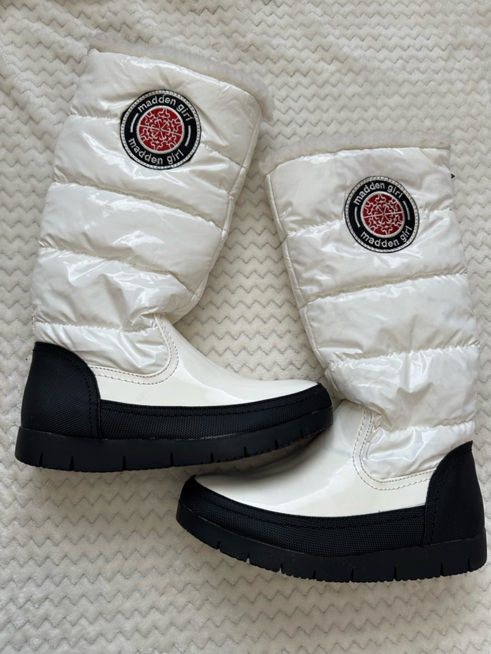 Madden Girl White and Black Puffer Winter Boots